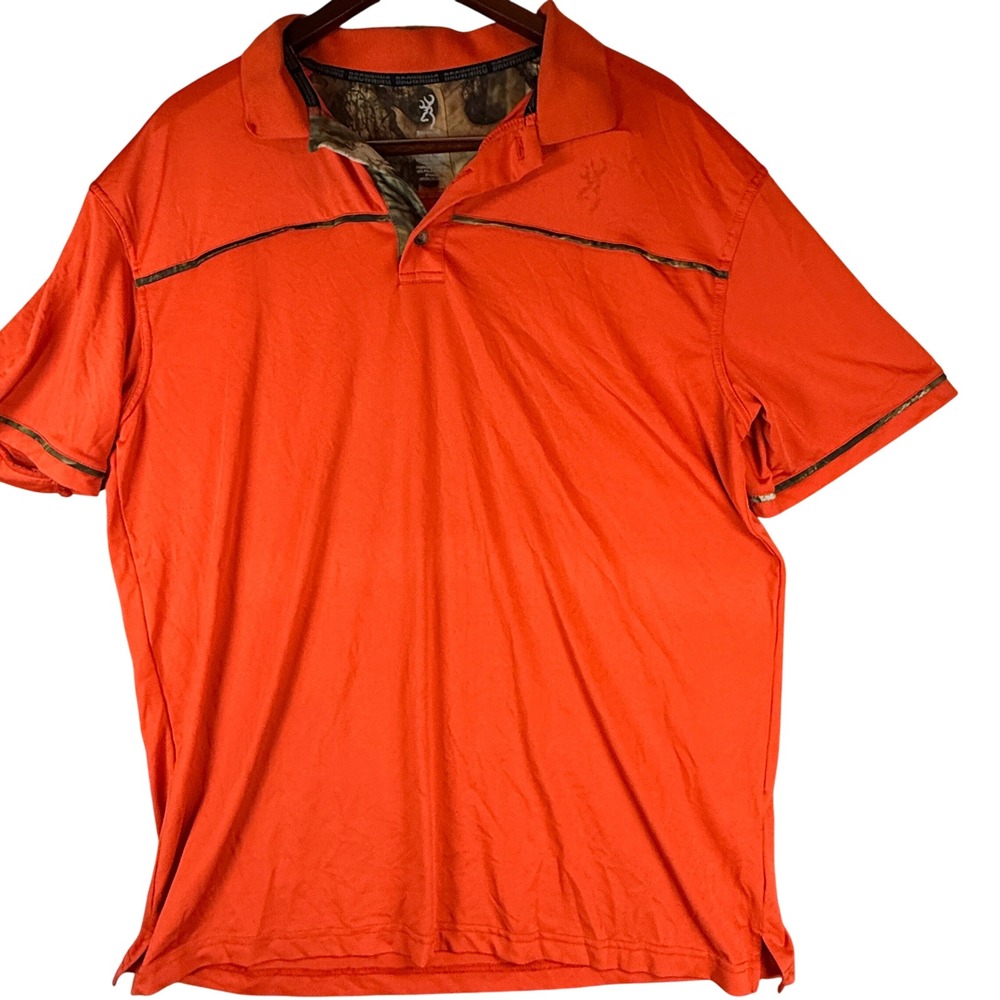 Browning Mens Blaze Orange Camo Trim Performance Polo Shirt Size Large Buckmark